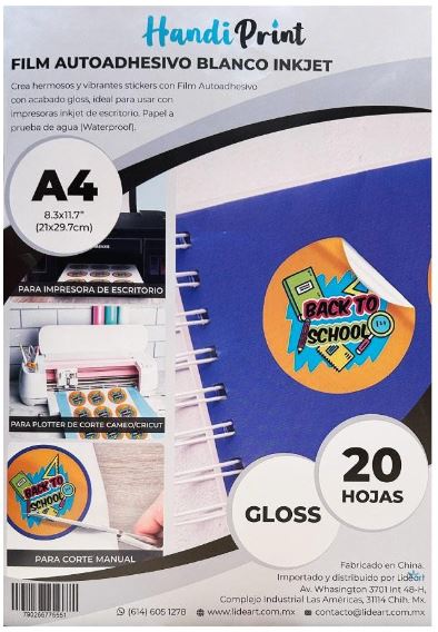 ADHESIVO BLANCO INKJET GLOSS A4*20 HANDI PRINT  a prueba de agua (Waterproof)