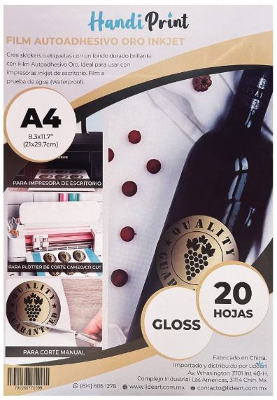 ADHESIVO ORO INKJET GLOSS A4*20 HANDI PRINT a prueba de agua (Waterproof)