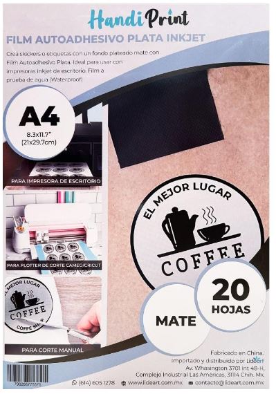 FILM ADHESIVO PLATA INKJET MATE A4*20 HANDI PRINT a prueba de agua (Waterproof)