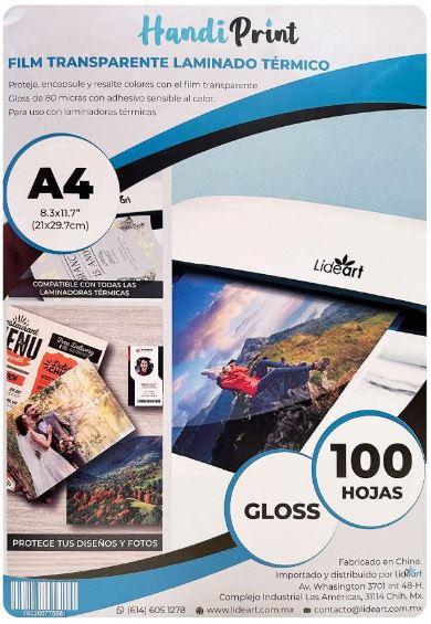 FILM TRANS LAMINADO TÉRMICO GLOSS A4*100 HANDI PRINT