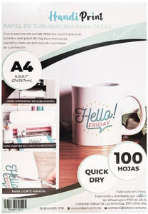 PAPEL TRANSFER DE SUBLIMACIÓN P/TAZAS QUICK DRY A4*100 HANDI PRINT